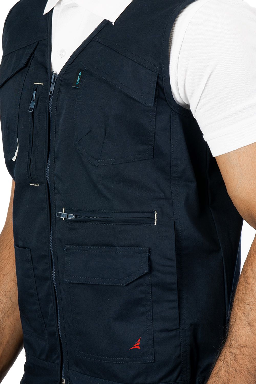 Atlanta Multi-Utility Vest, reflective cotton blend twill, features multiple pockets, in navy color.