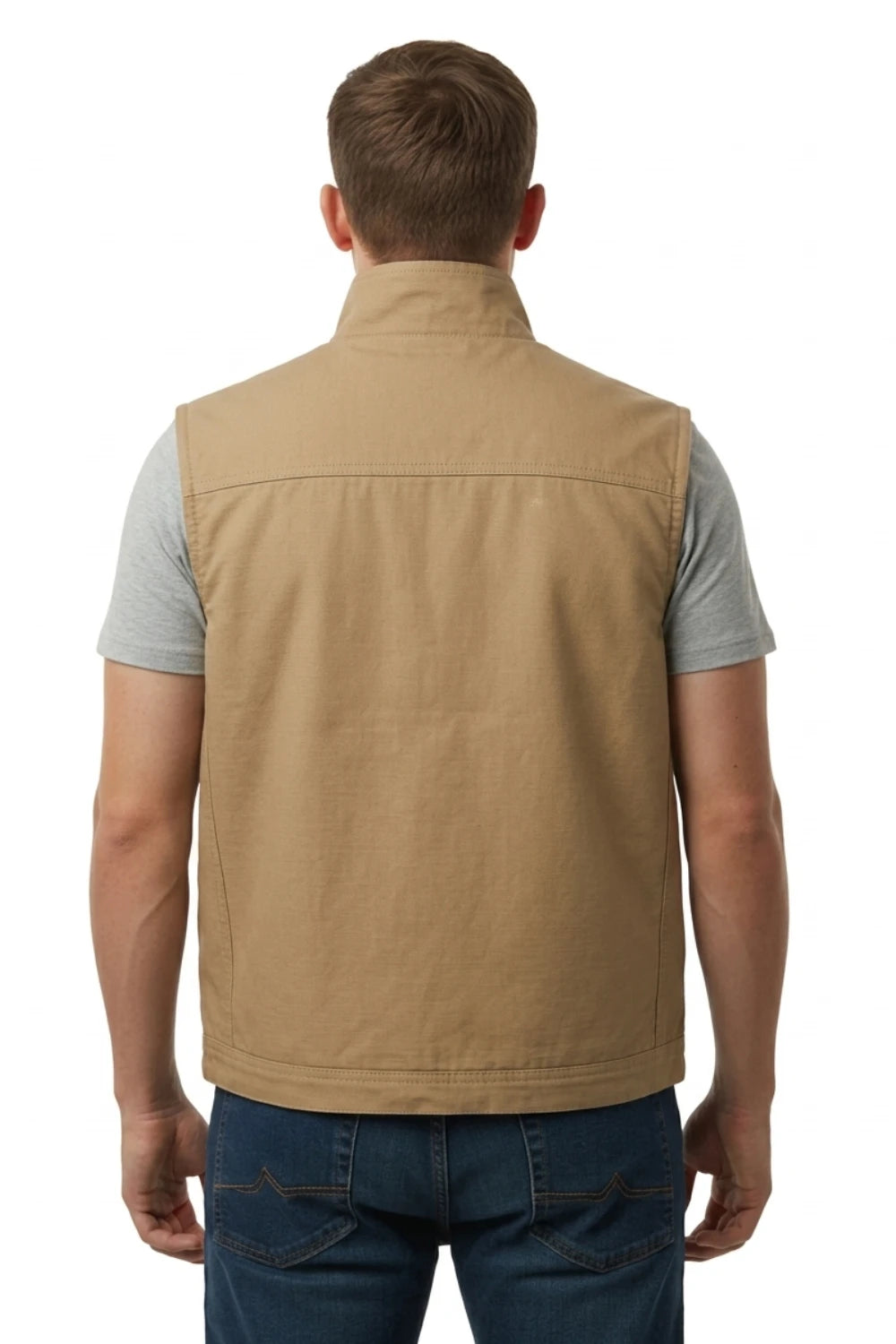 Back view of khaki safari vest worn by male model, sleeveless design with clean back panel