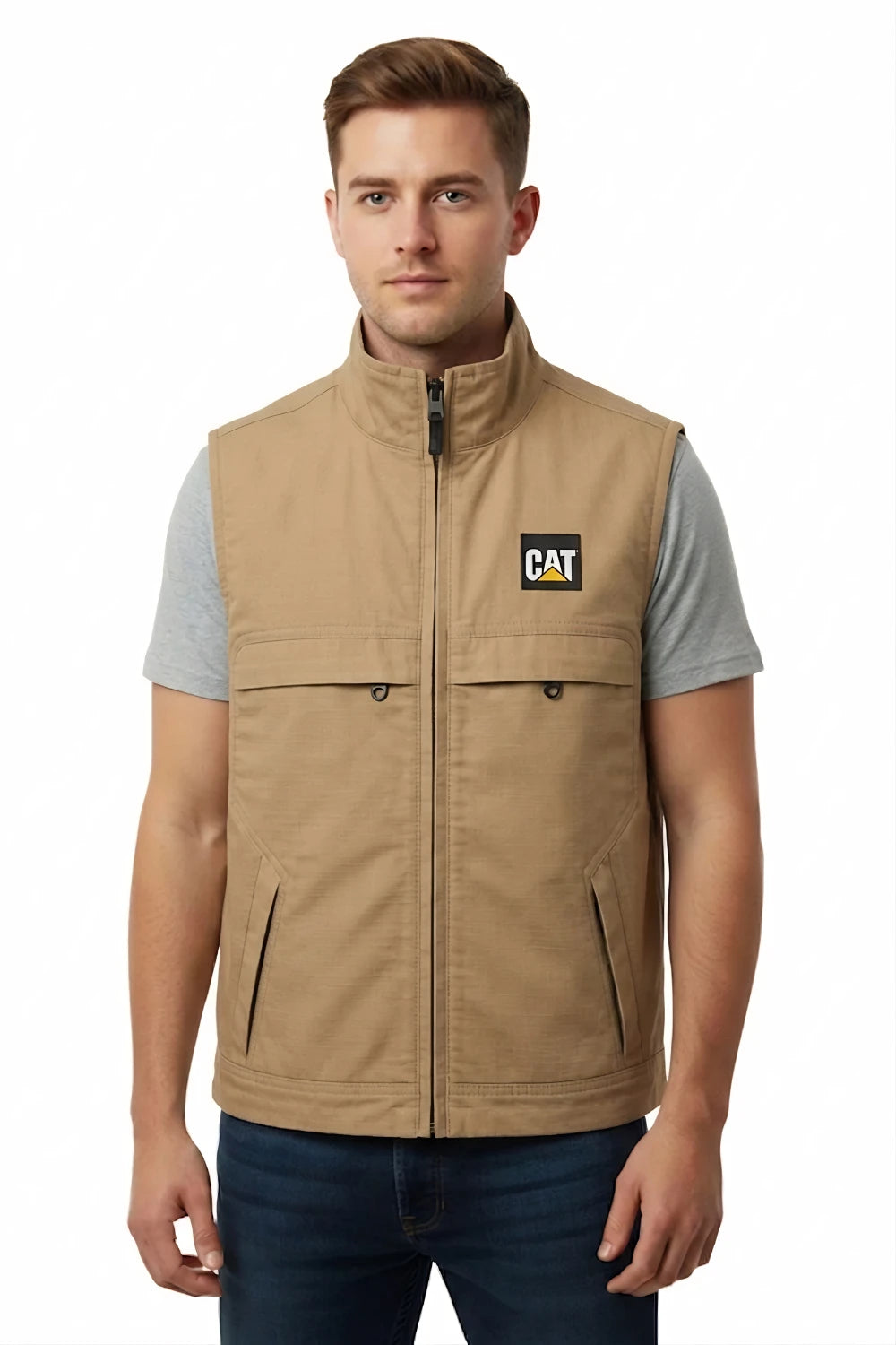 Male model wearing khaki safari vest with front zip closure, multiple utility pockets, and sleeveless design, front view