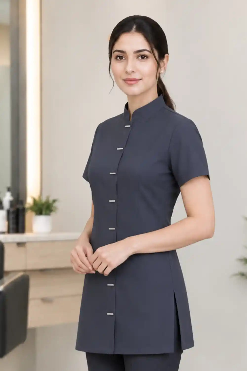 Professional Short Sleeve Mandarin Collar Beauty & Salon Tunic Uniform - Midnight Blue ATACAMA