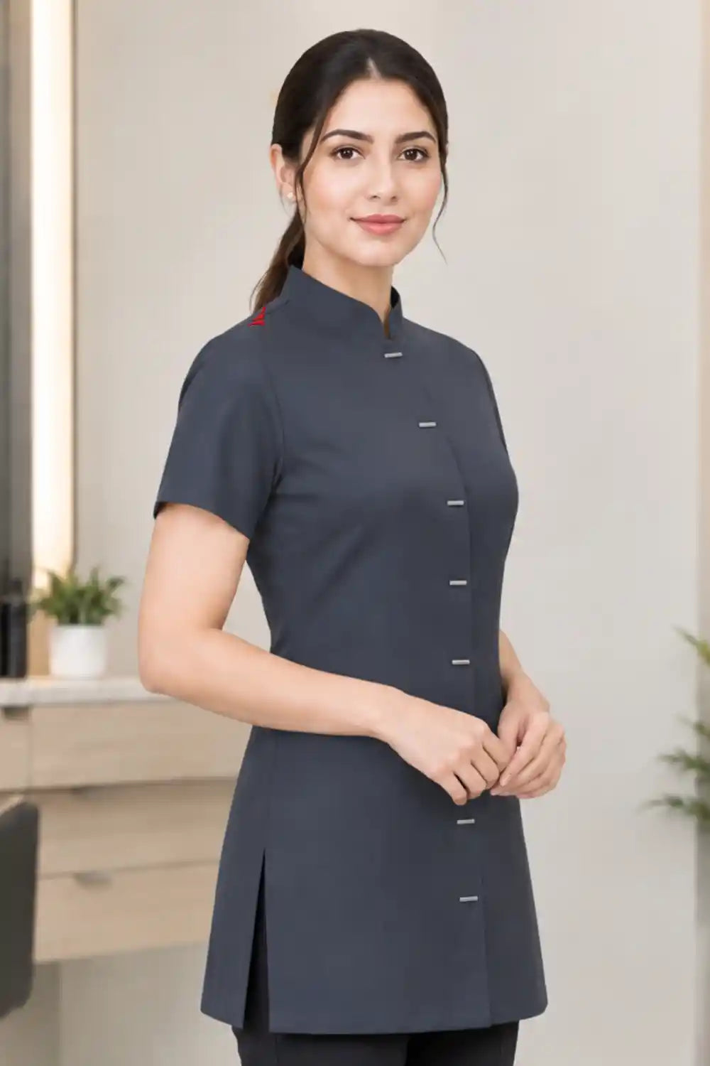 Professional Short Sleeve Mandarin Collar Beauty & Salon Tunic Uniform - Midnight Blue ATACAMA
