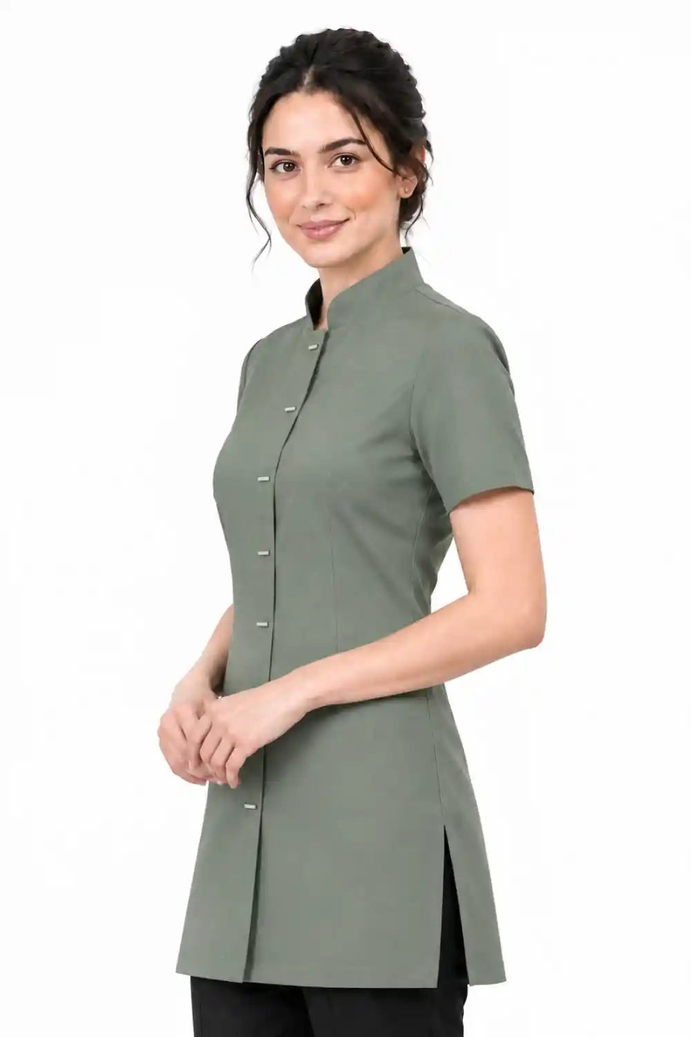 Professional Short Sleeve Mandarin Collar Beauty & Salon Tunic Uniform - Taupe Beige ATACAMA