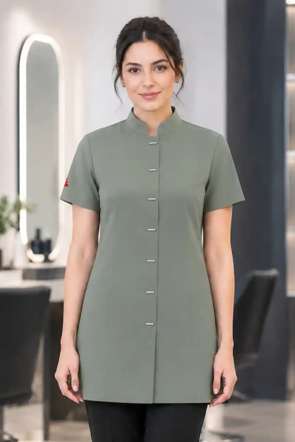 Professional Short Sleeve Mandarin Collar Beauty & Salon Tunic Uniform - Taupe Beige ATACAMA