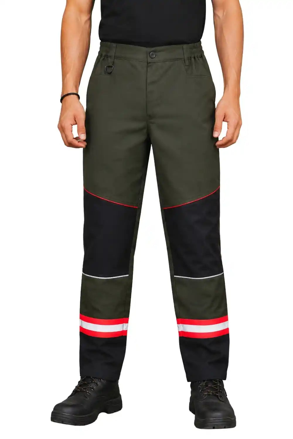 A person wearing high-waisted work pants in olive green and black with red and white reflective stripes near the lower legs, paired with black boots against a plain white background.