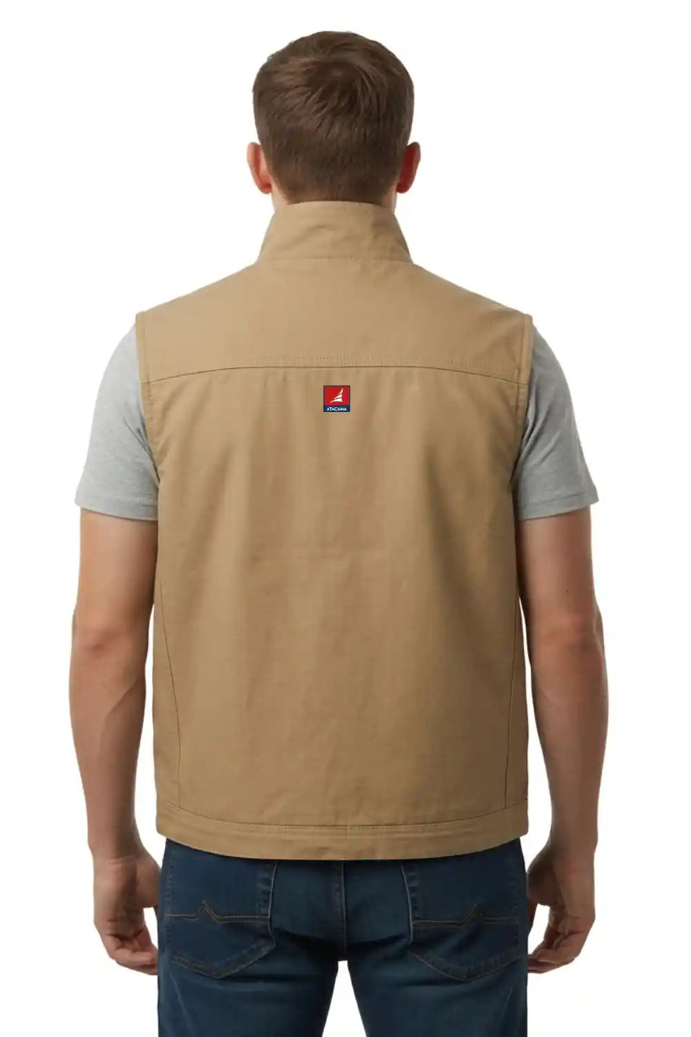 Man wearing a tan vest with a visible brand logo on a white background