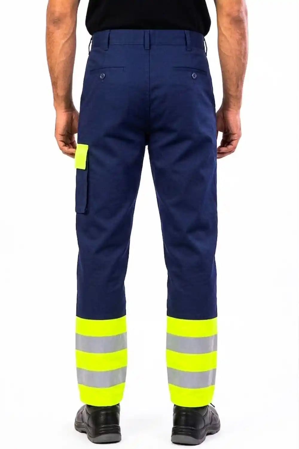 Navy work pants with high-visibility yellow and reflective stripes on a white background
