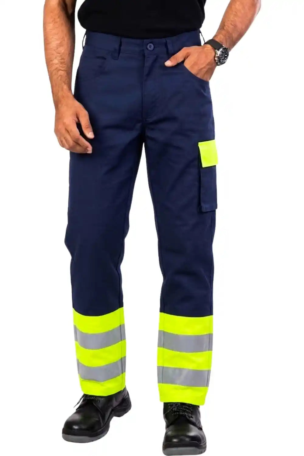 Navy work pants with high-visibility yellow and reflective stripes worn by a person on a white background