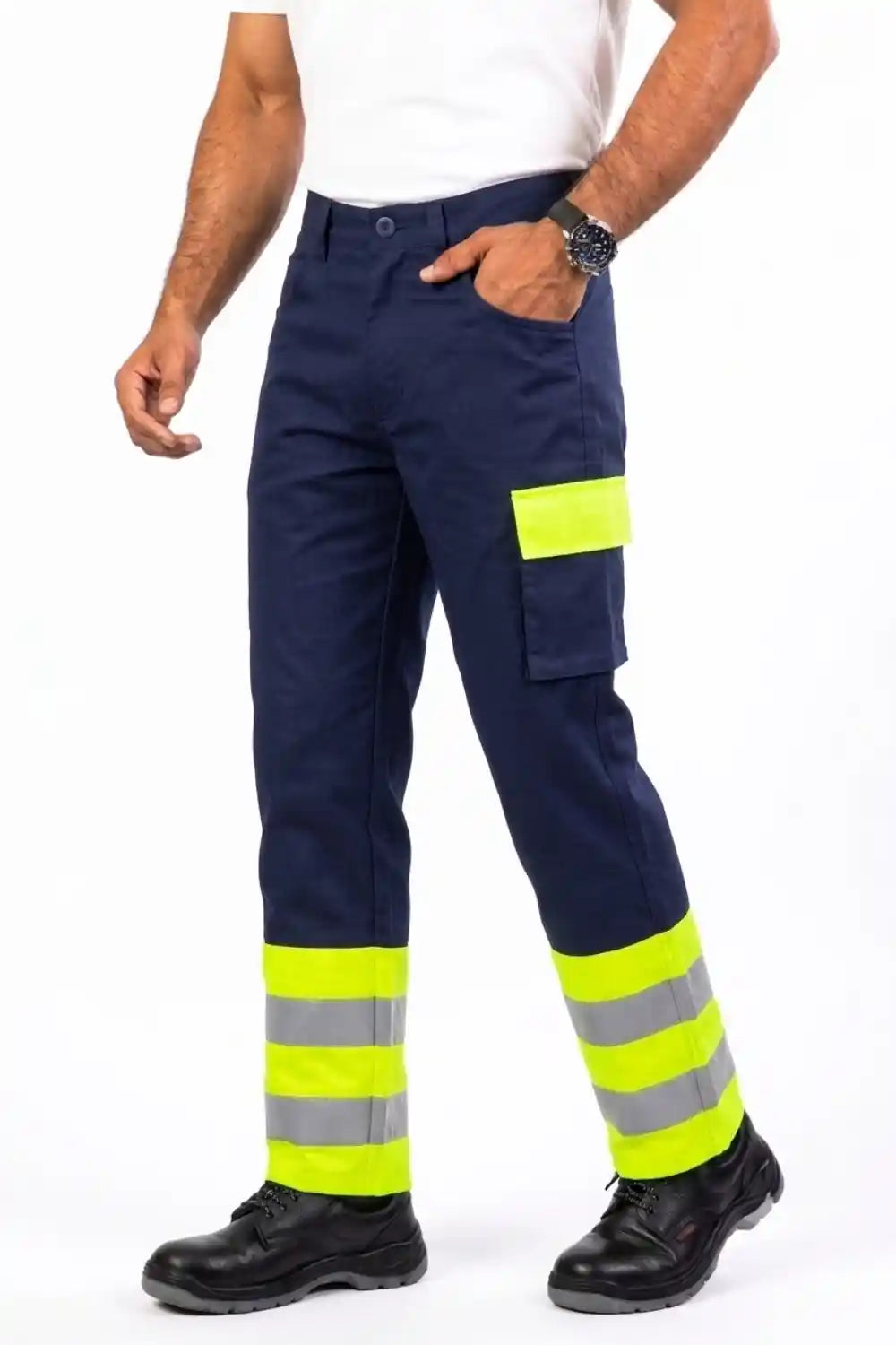 Navy work pants with high-visibility yellow and reflective stripes worn by a person on a white background