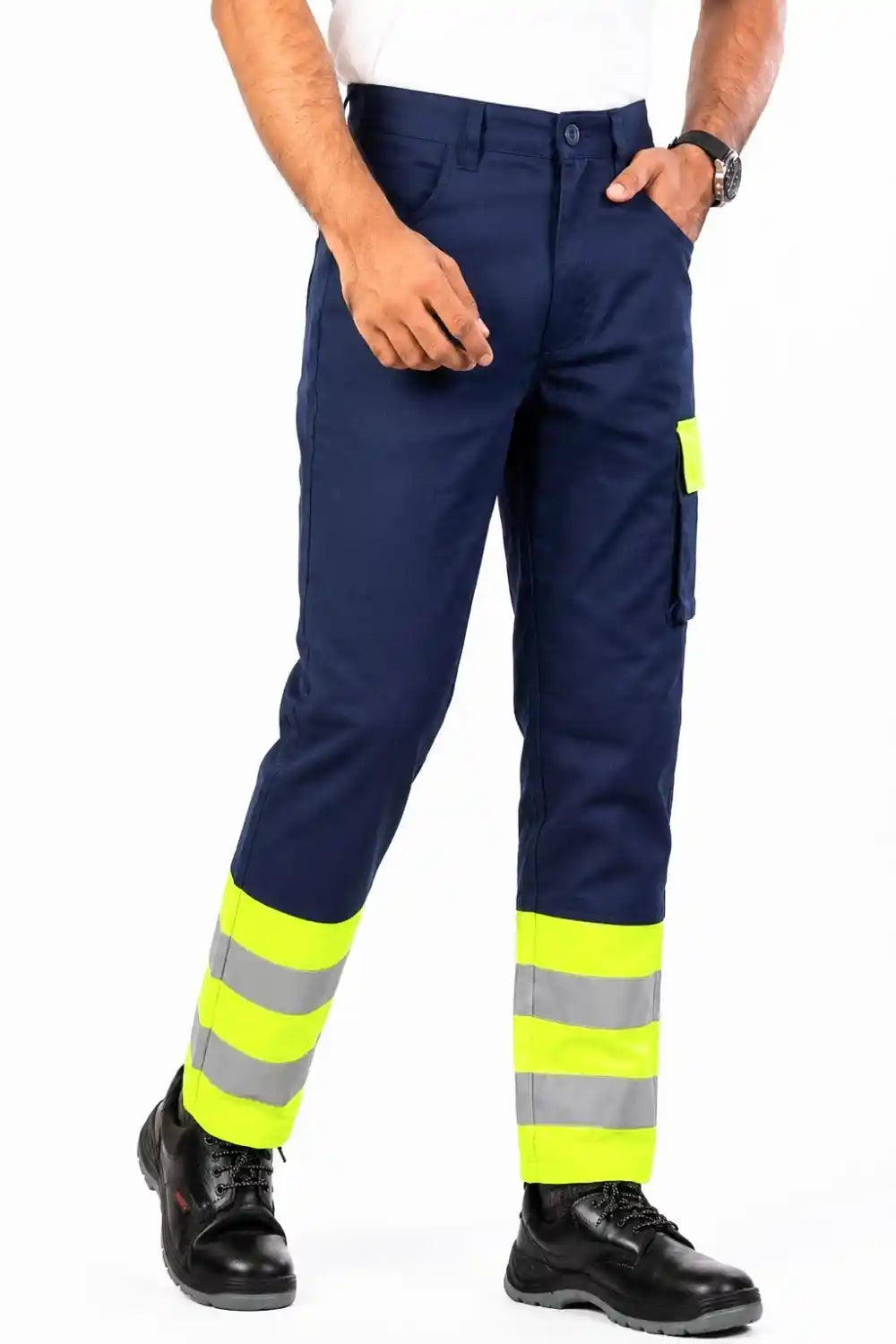 Navy work pants with high-visibility yellow and reflective gray stripes worn by a person on a white background.