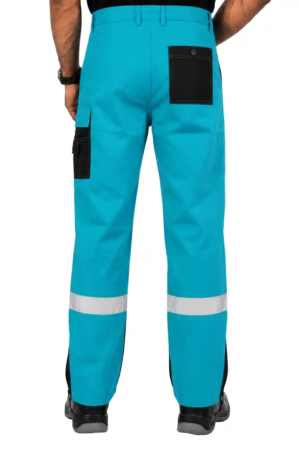Atacama Turquoise work pants with reflective stripes and black accents on a white background