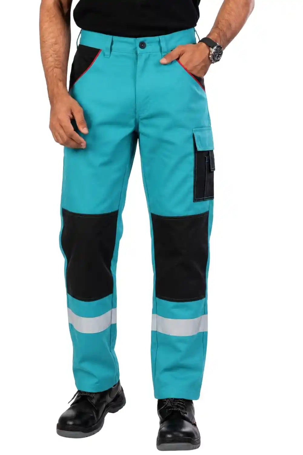 Atacama Teal work pants with black accents and reflective stripes worn by a person on a white background