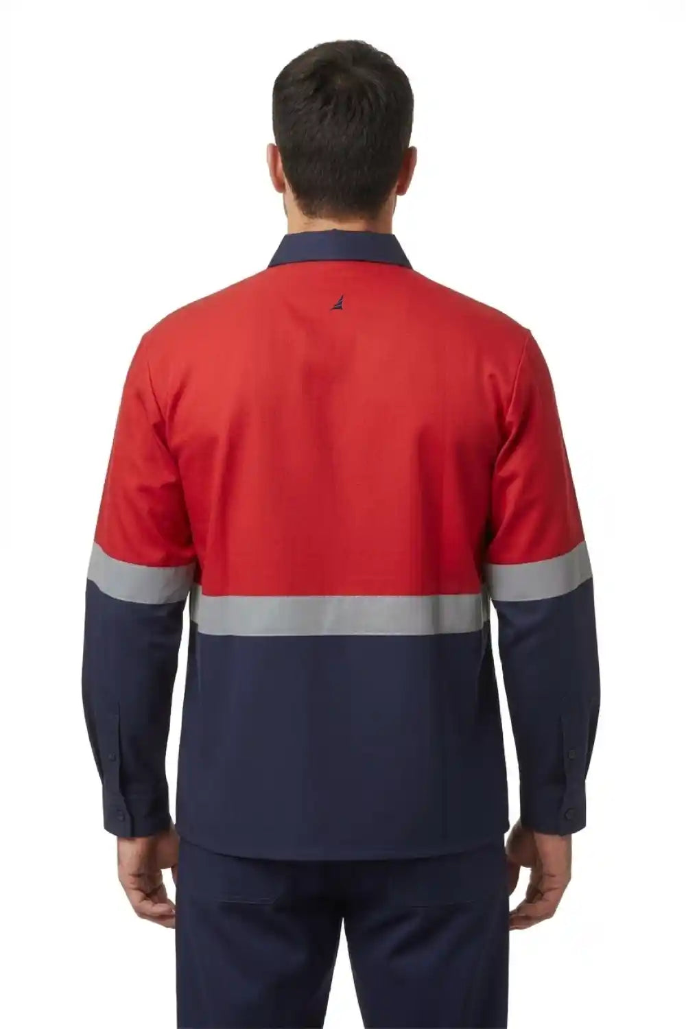 Red and navy work jacket with reflective stripes on a white background