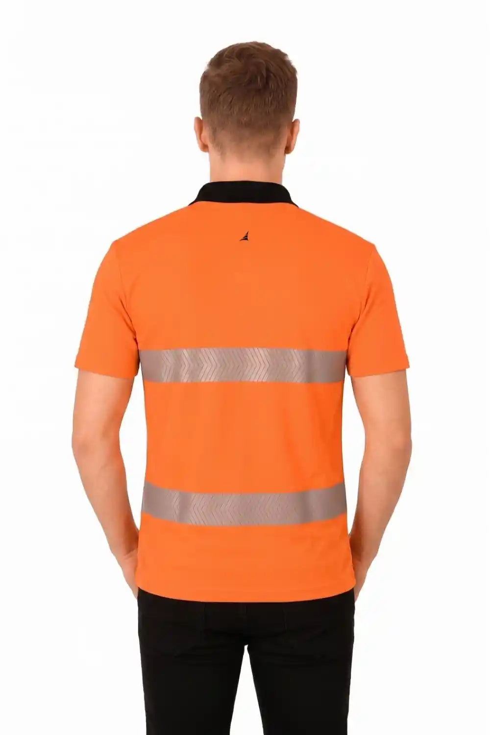 Person wearing an orange high-visibility shirt with reflective stripes on a white background