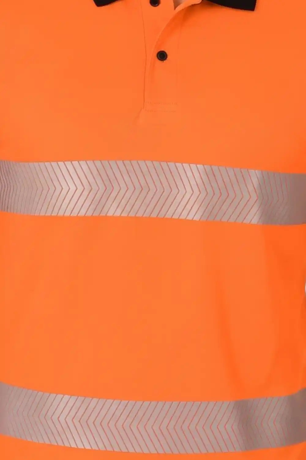 Close-up of an orange high-visibility polo shirt with reflective stripes.