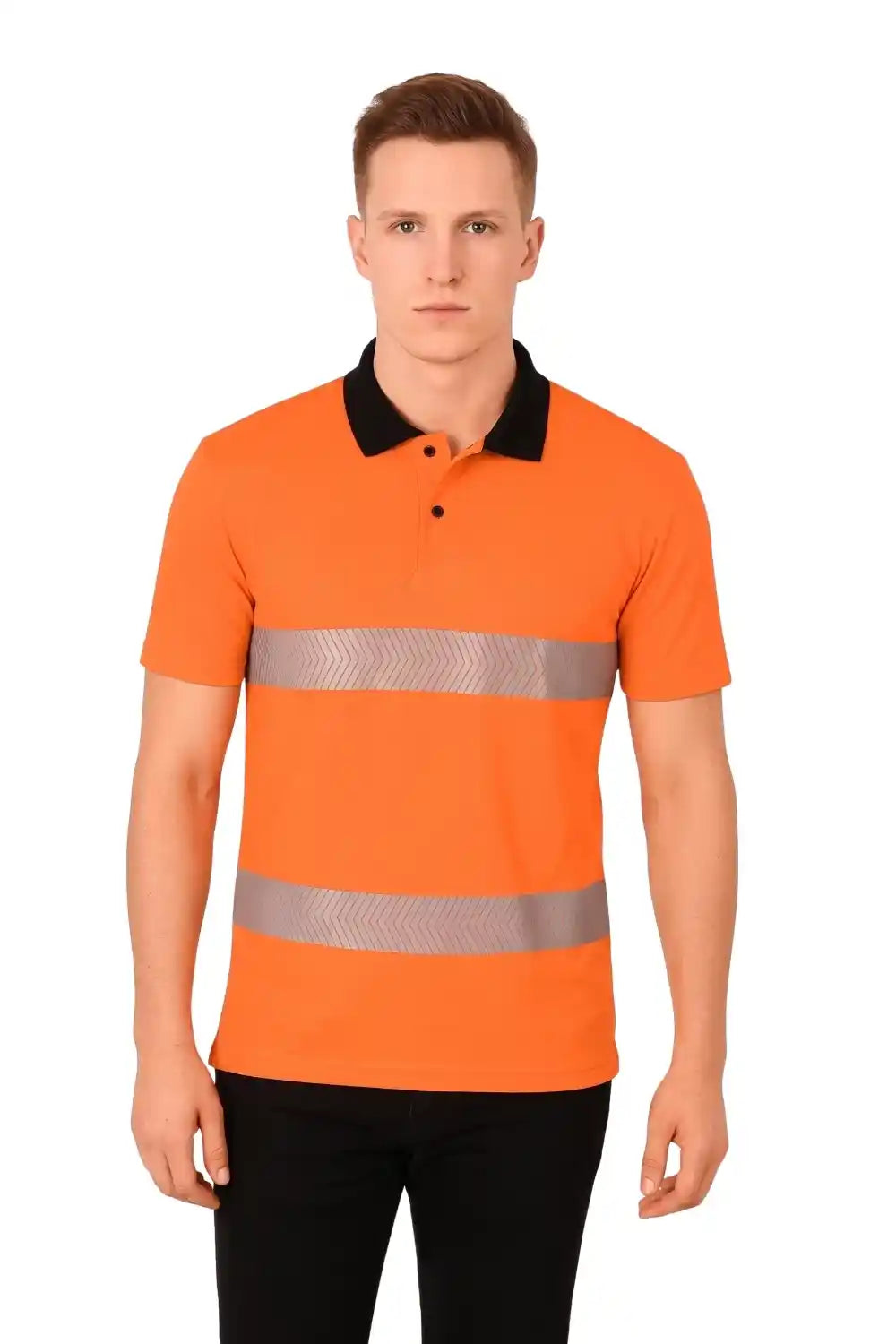 Person wearing an orange safety polo shirt with reflective stripes on a white background