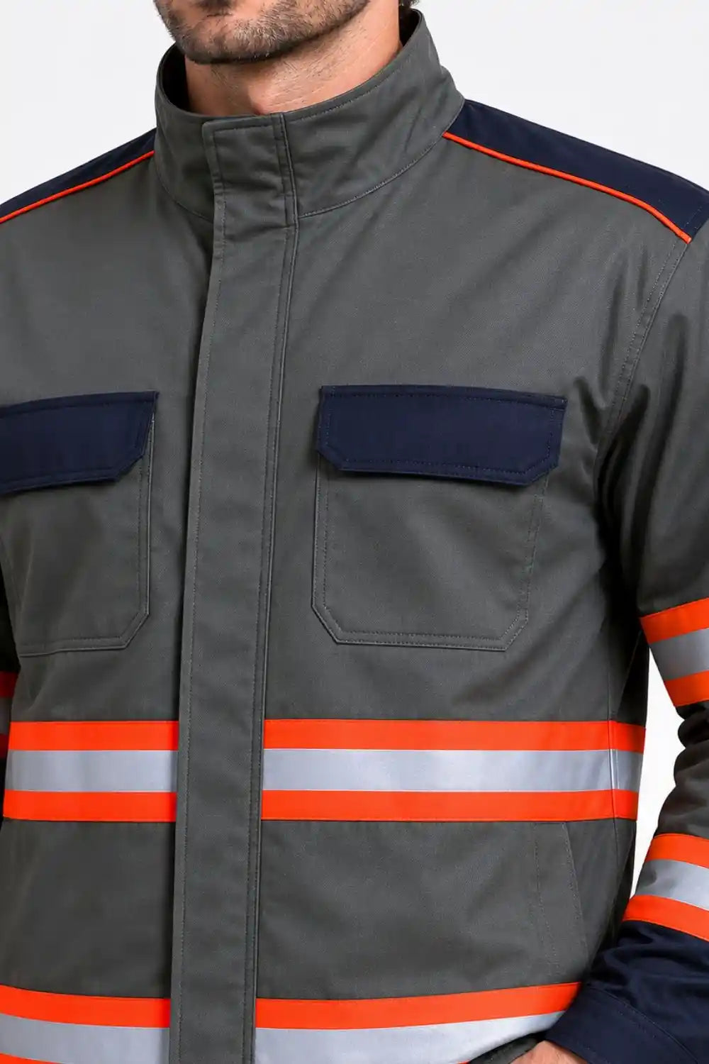 Olive Green safety jacket with orange and reflective stripes on a white background
