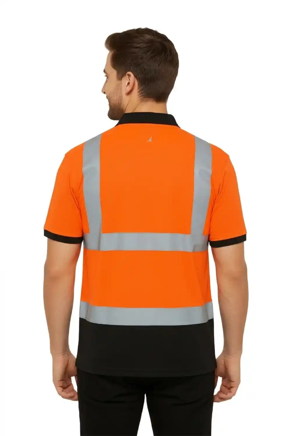 Person wearing an orange high-visibility shirt with reflective stripes on a white background