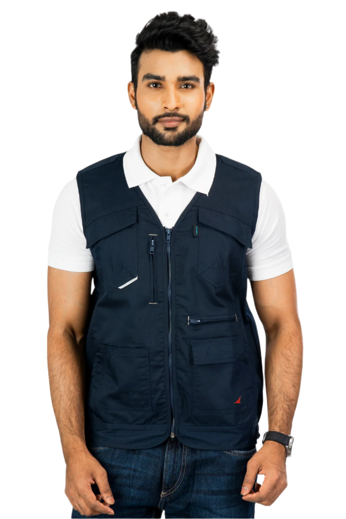 Atlanta Multi-Utility Vest, reflective cotton blend twill, navy, features multiple pockets and a front zipper.