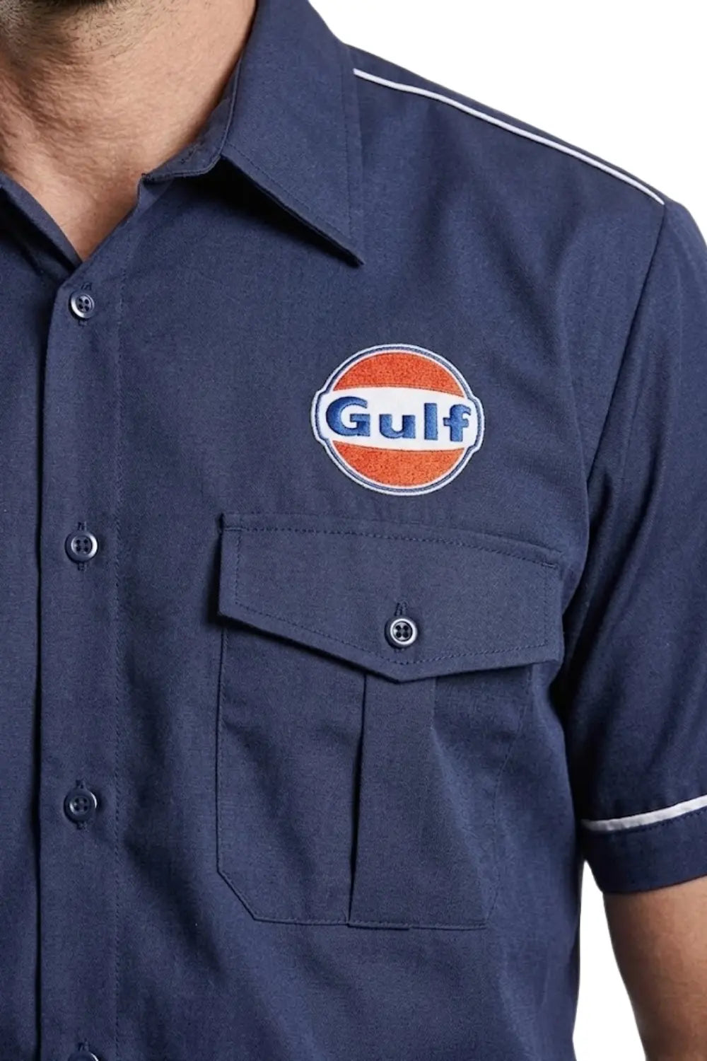 Navy half sleeve workwear shirt with Gulf logo patch, buttoned chest pocket, and white piping on shoulder and sleeve