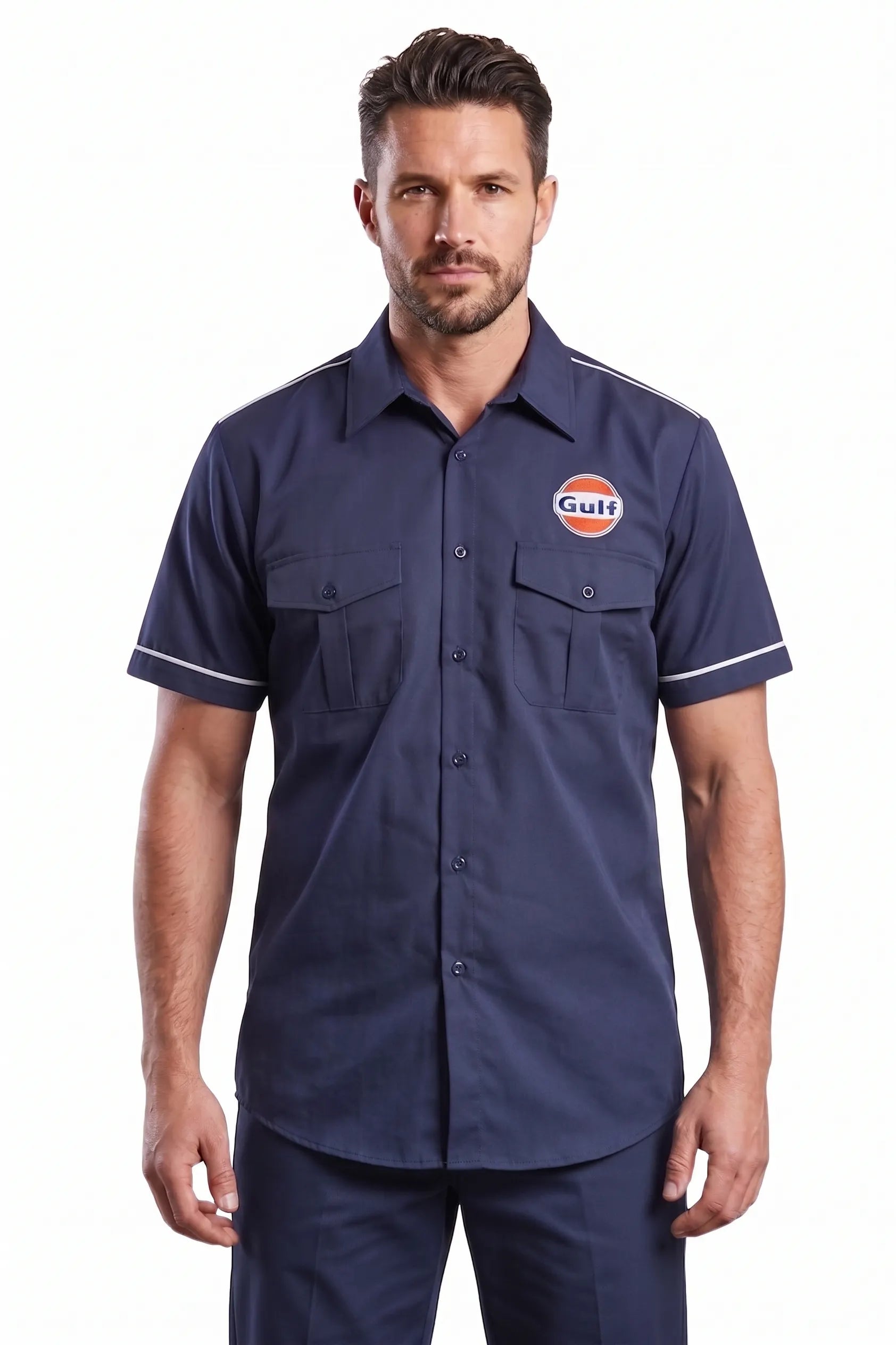 Man wearing navy short sleeve workwear shirt with Gulf logo patch, button front, two chest pockets, and white piping on