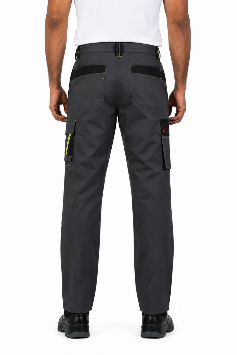 Men's Benson smoke grey and black cargo trousers with back pockets and side flap pockets, worn by model, rear view