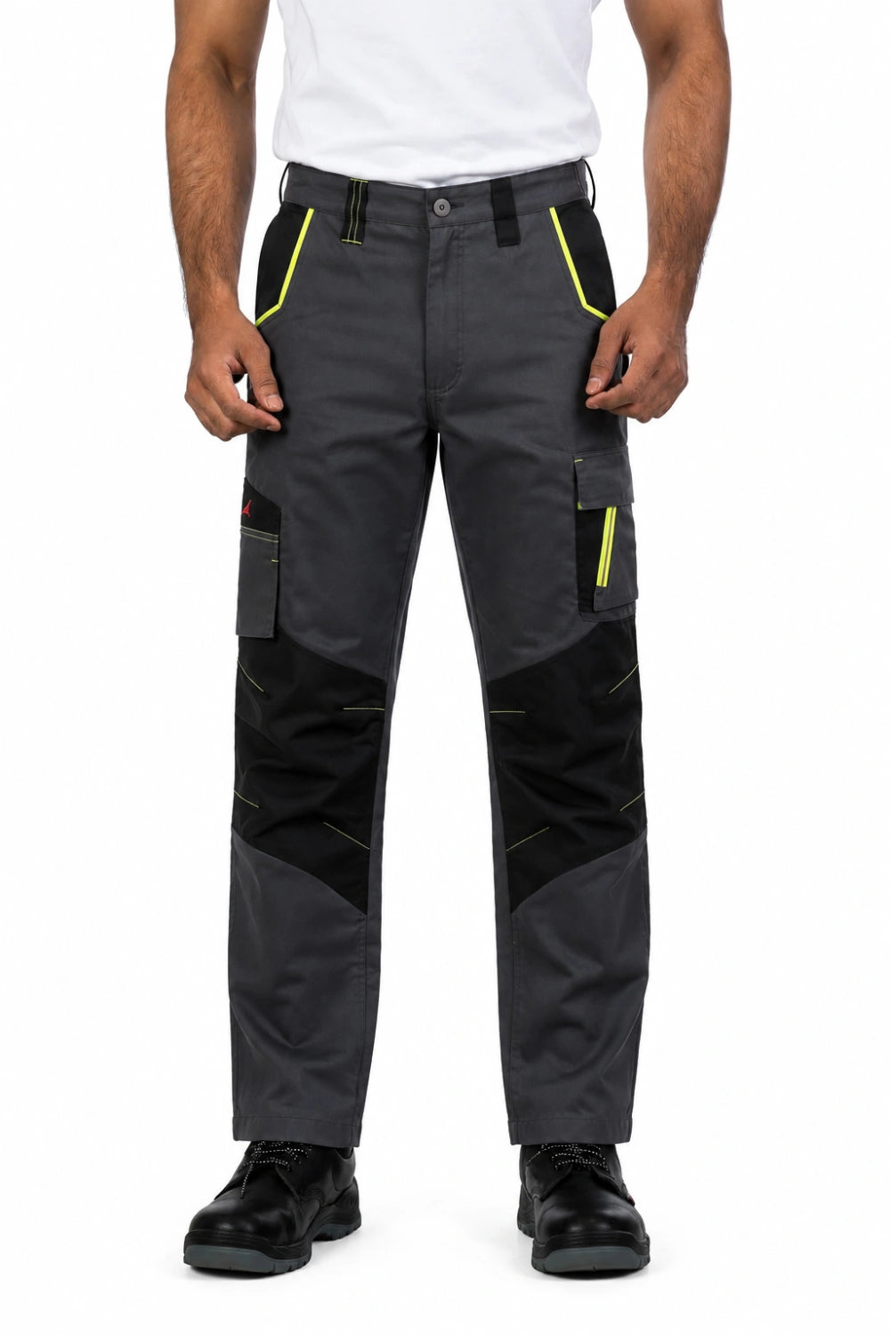 Men's Benson Hamour trousers in smoke grey and black with yellow piping, cargo pockets, worn front view