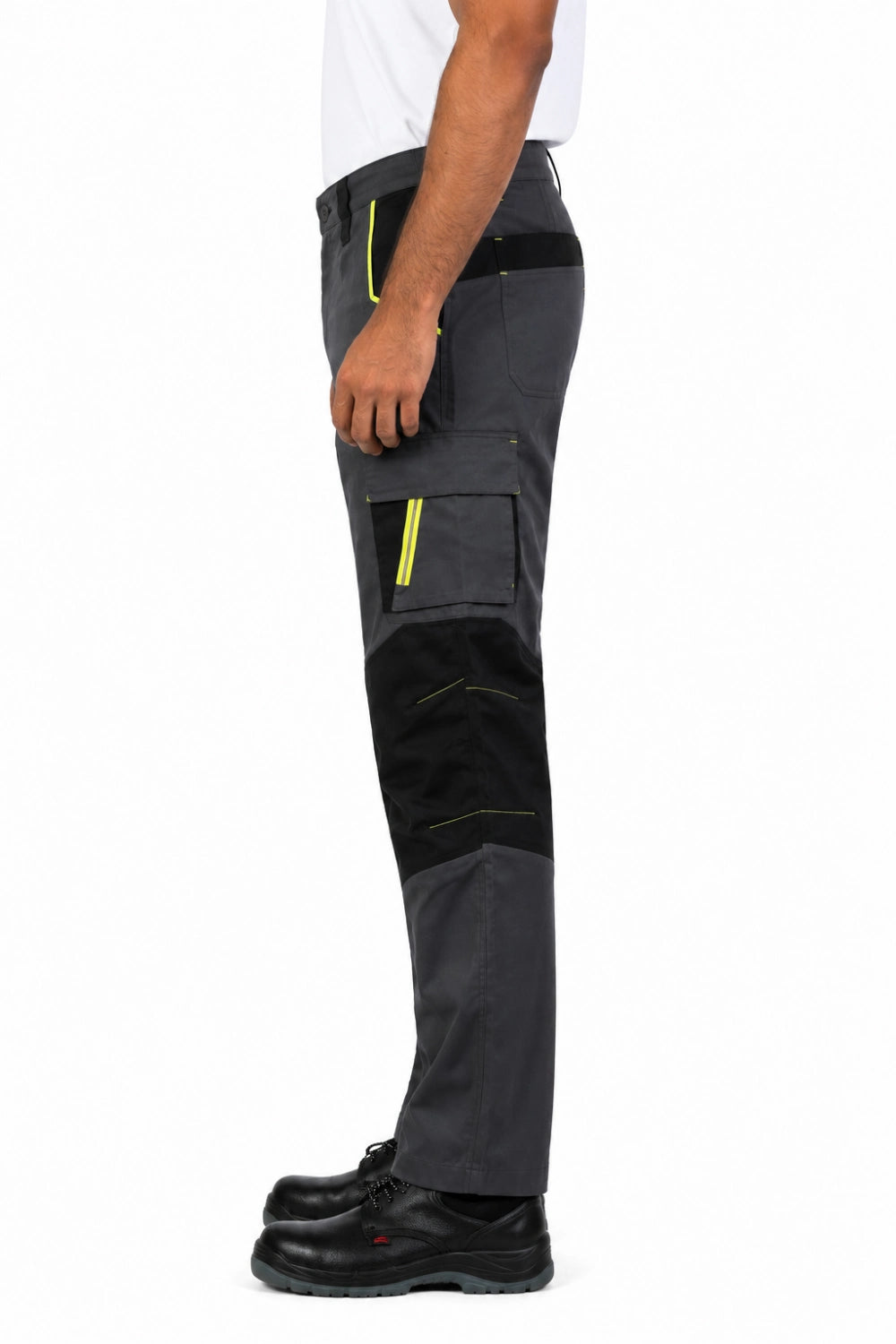 Men's Benson smoke grey and black Hamour trousers with cargo pocket and yellow stitching, worn side view