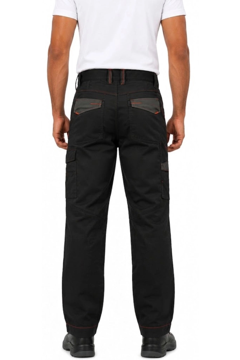Black and dark grey workwear trousers with back flap pockets and side cargo pockets, worn by a standing model from the back
