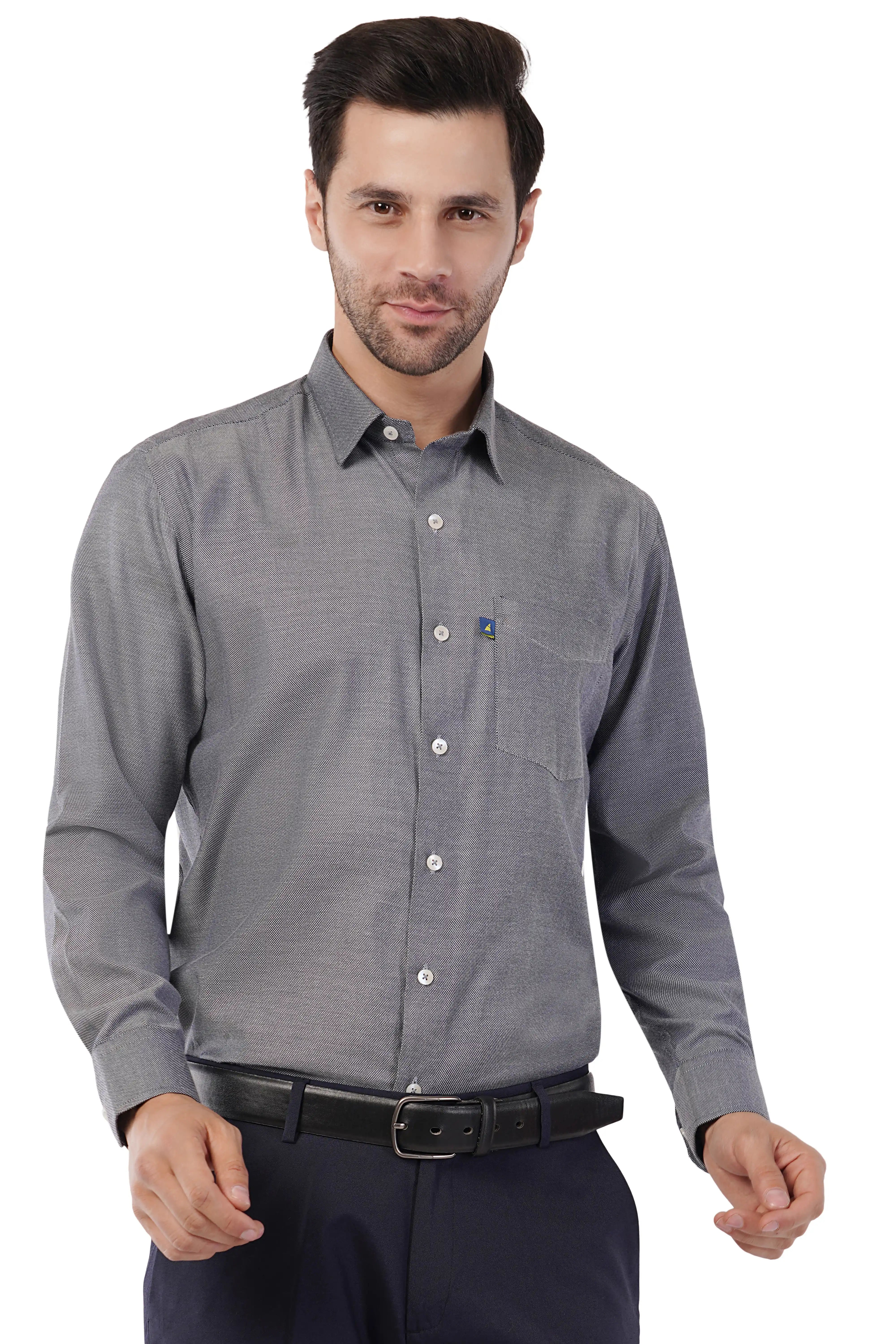 Man wearing a gray checkered formal shirt with a white background