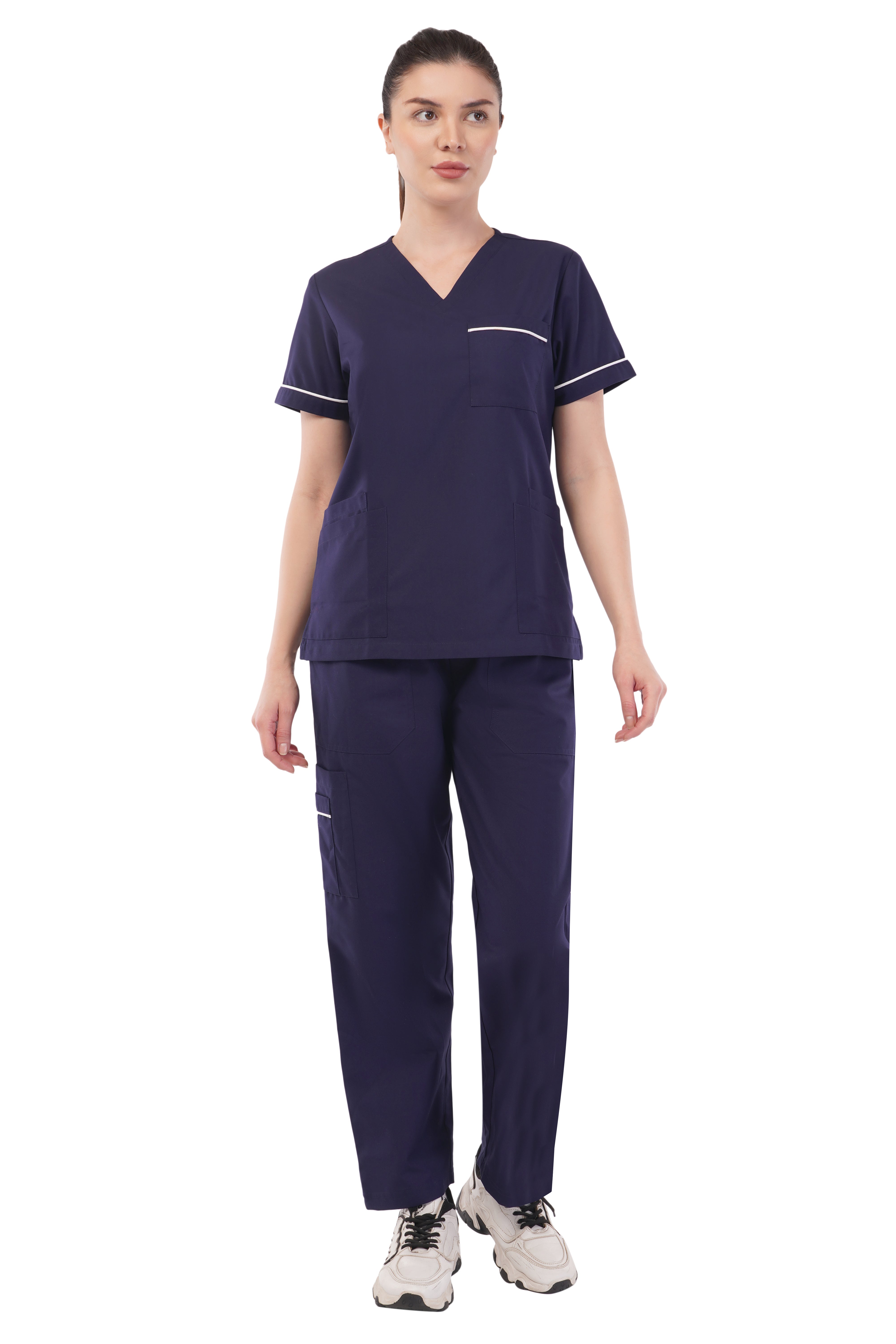 Navy stretchy scrub set by Atacama, featuring a v-neck top and pants, made of polyester/spandex blend.