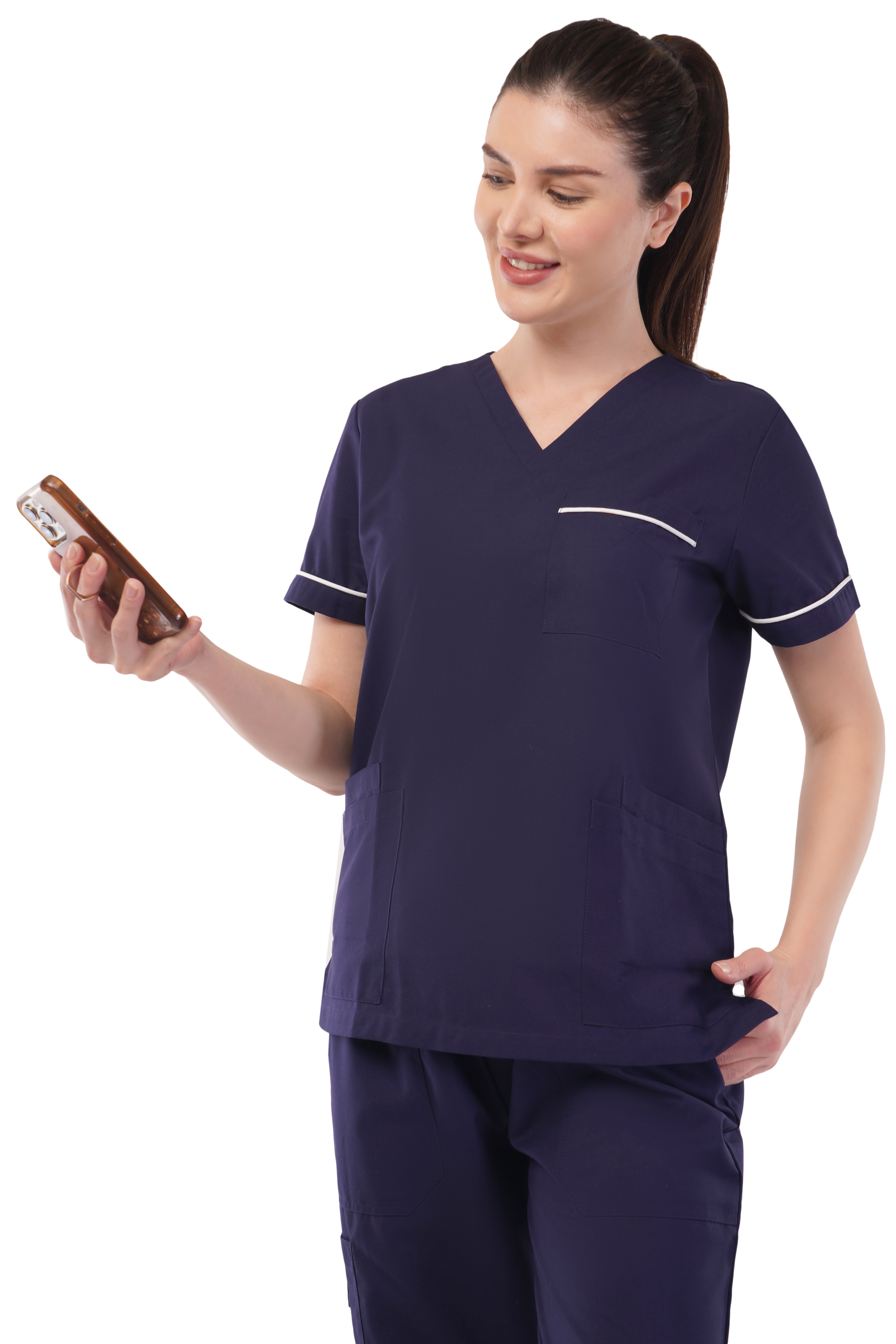 Navy stretchy scrub set by Atacama Pro, made of polyester/spandex, featuring a top with pockets and a v-neck.