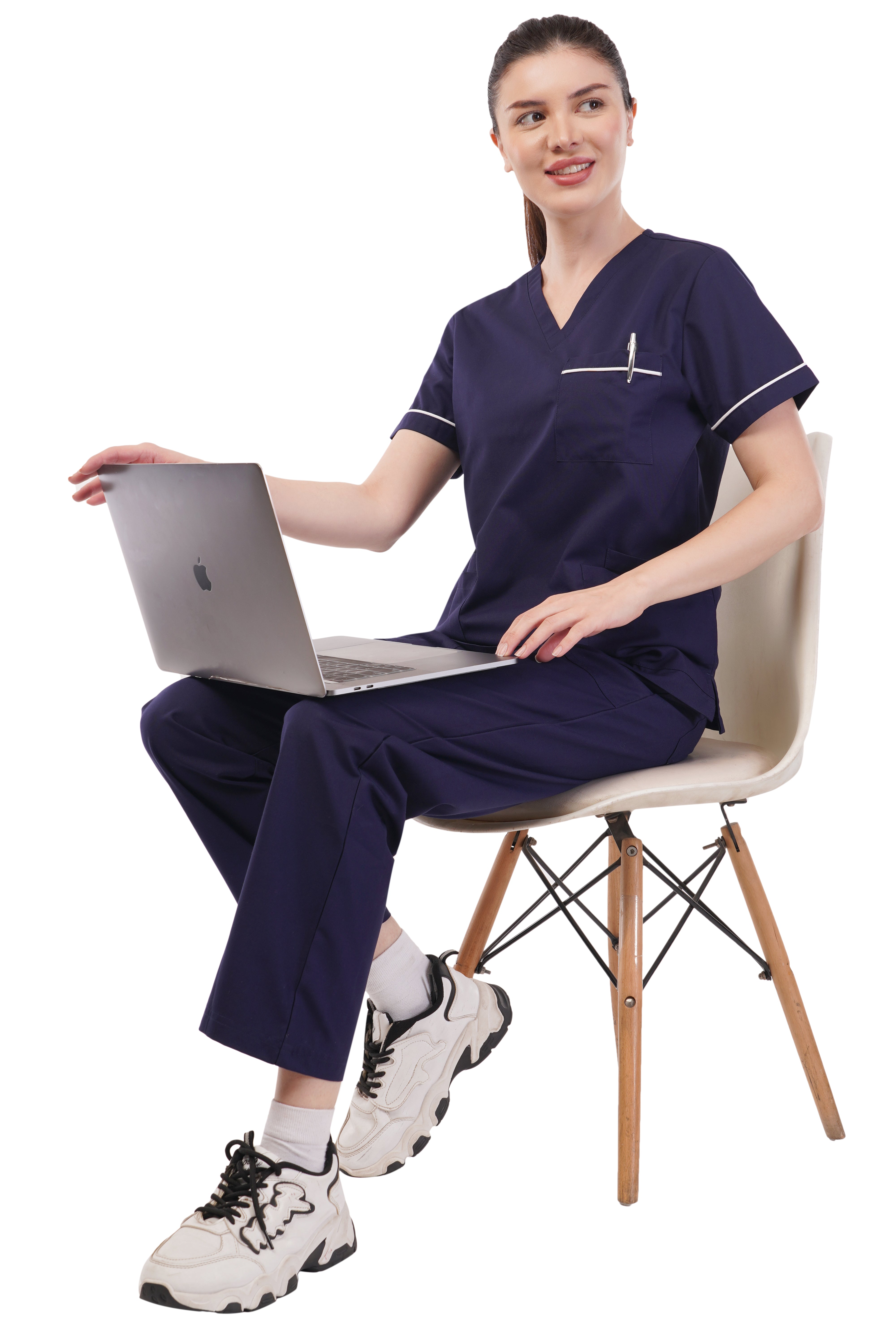 Navy stretchy scrub set by Atacamapro, made of polyester/spandex, featuring a top and pants, size not specified.