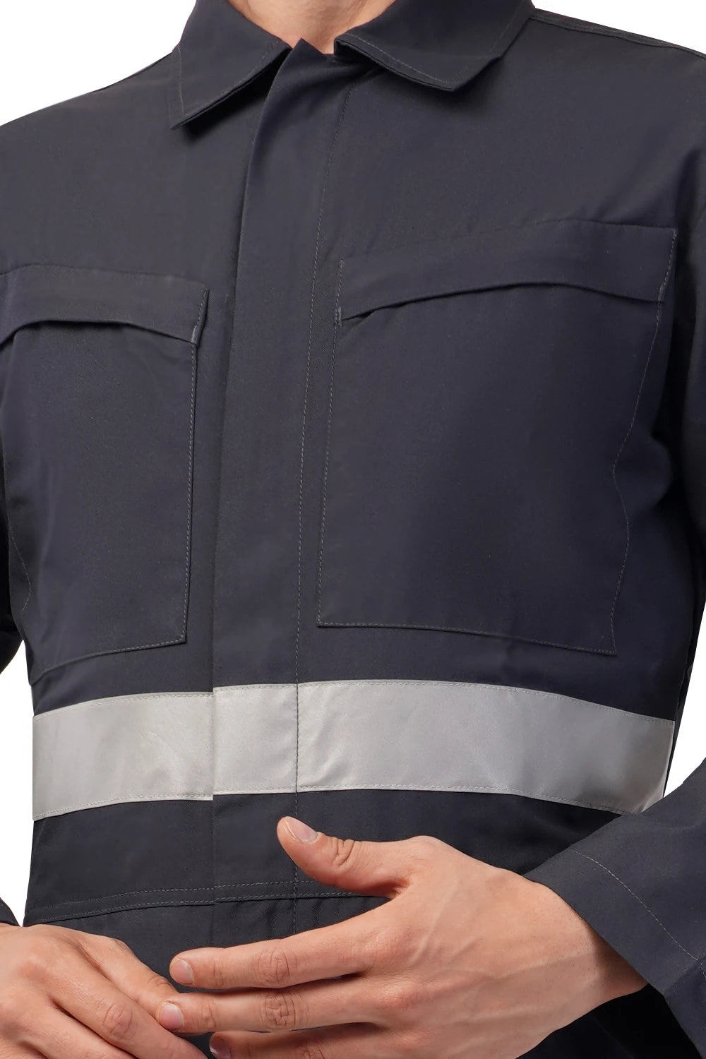 Navy blue work uniform with reflective stripe on a white background