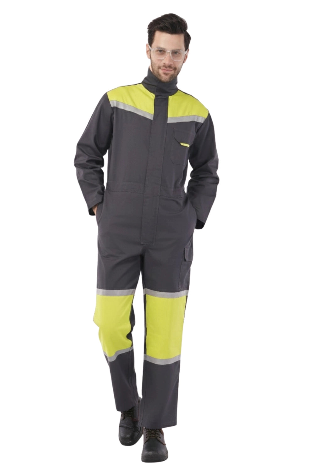 Person wearing a gray and yellow safety suit on a white background