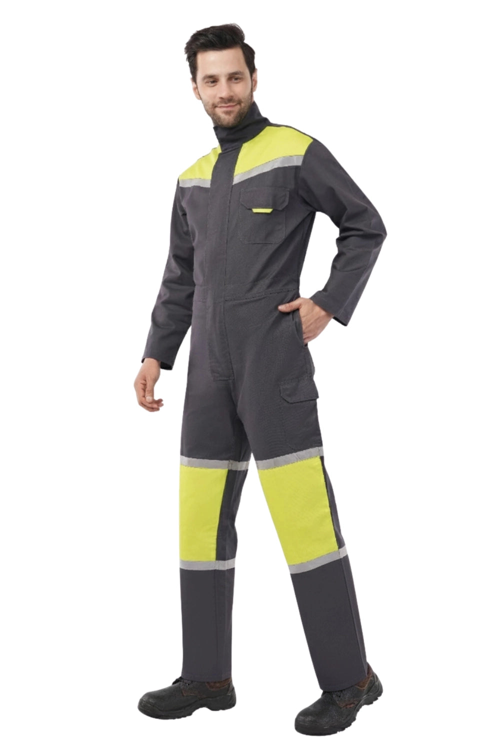 Person wearing a gray and yellow work jumpsuit on a white background