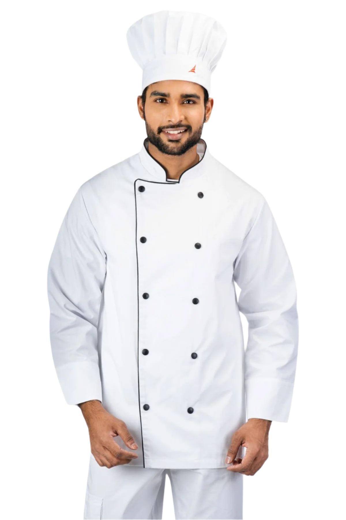 Aristo Chef Jacket, All White, Cotton Blend Twill, featuring black buttons and a classic design, suitable for food service.