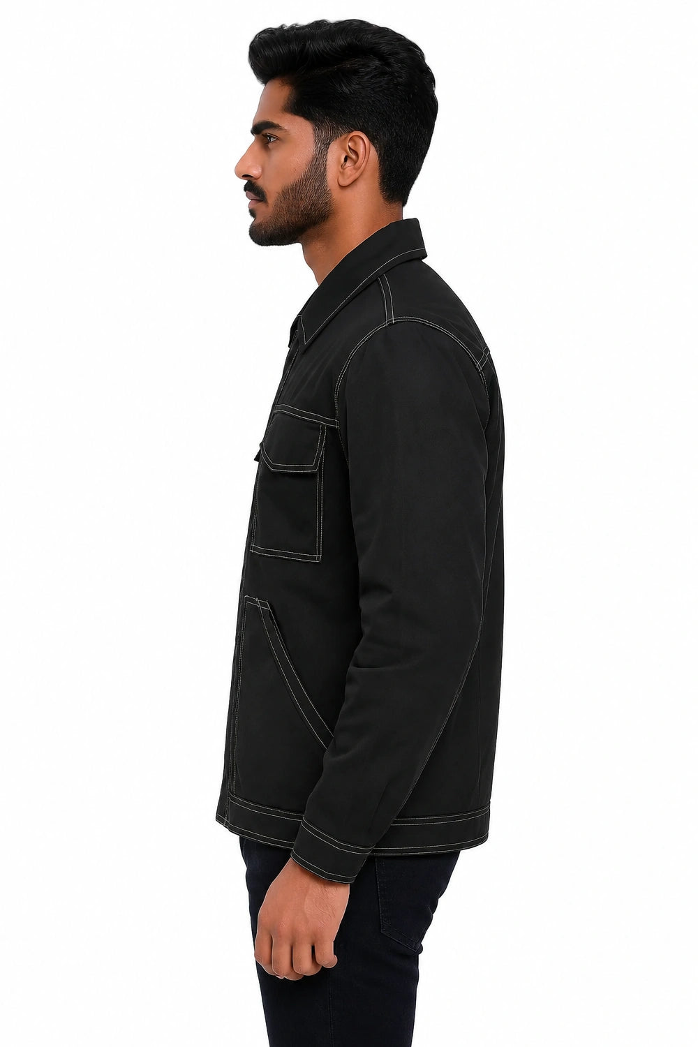 Man wearing a black jacket on a white background