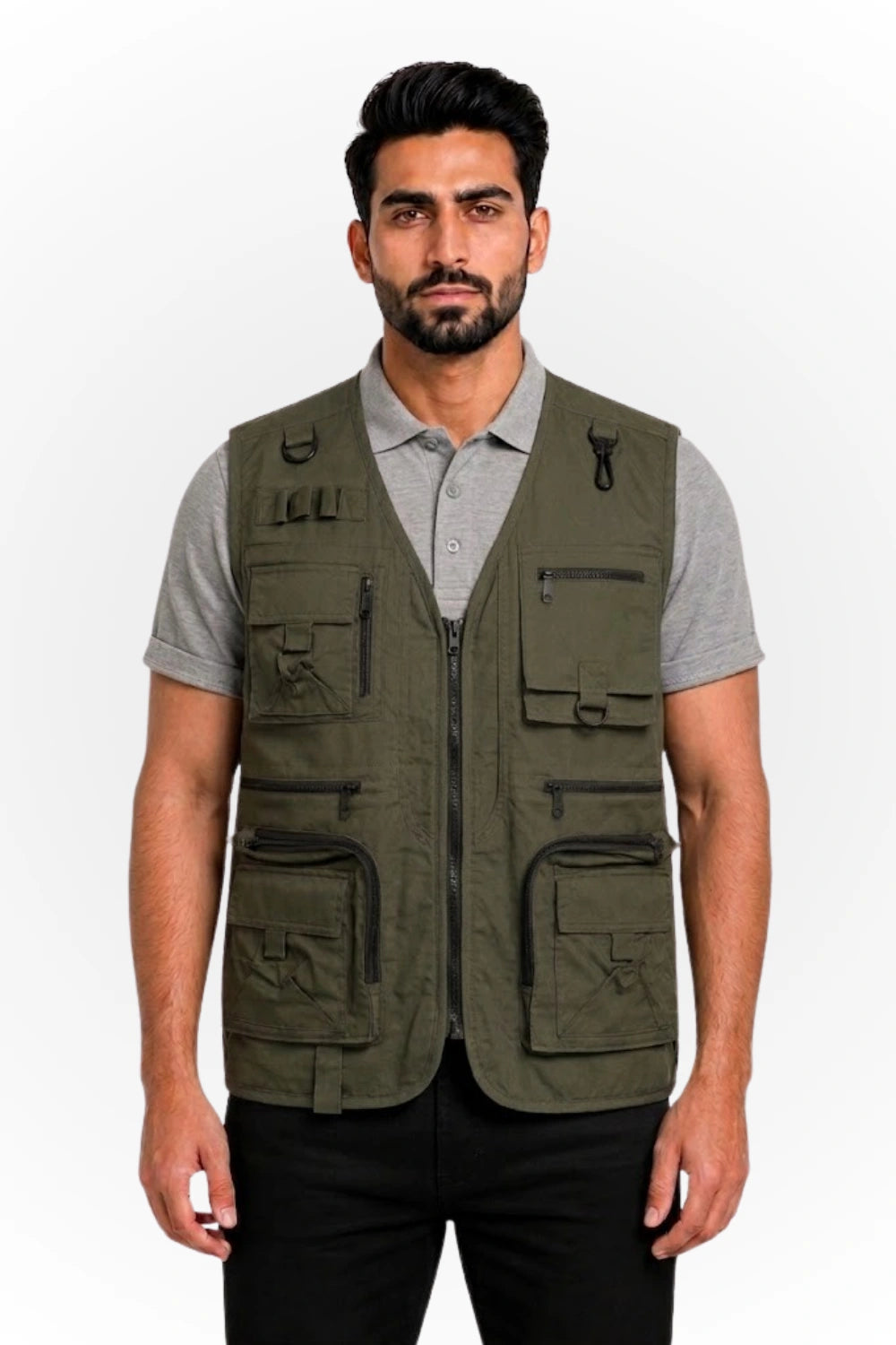 Front view of Atacama Temporal Olive multi-pocket utility work vest with zipper closurebackground