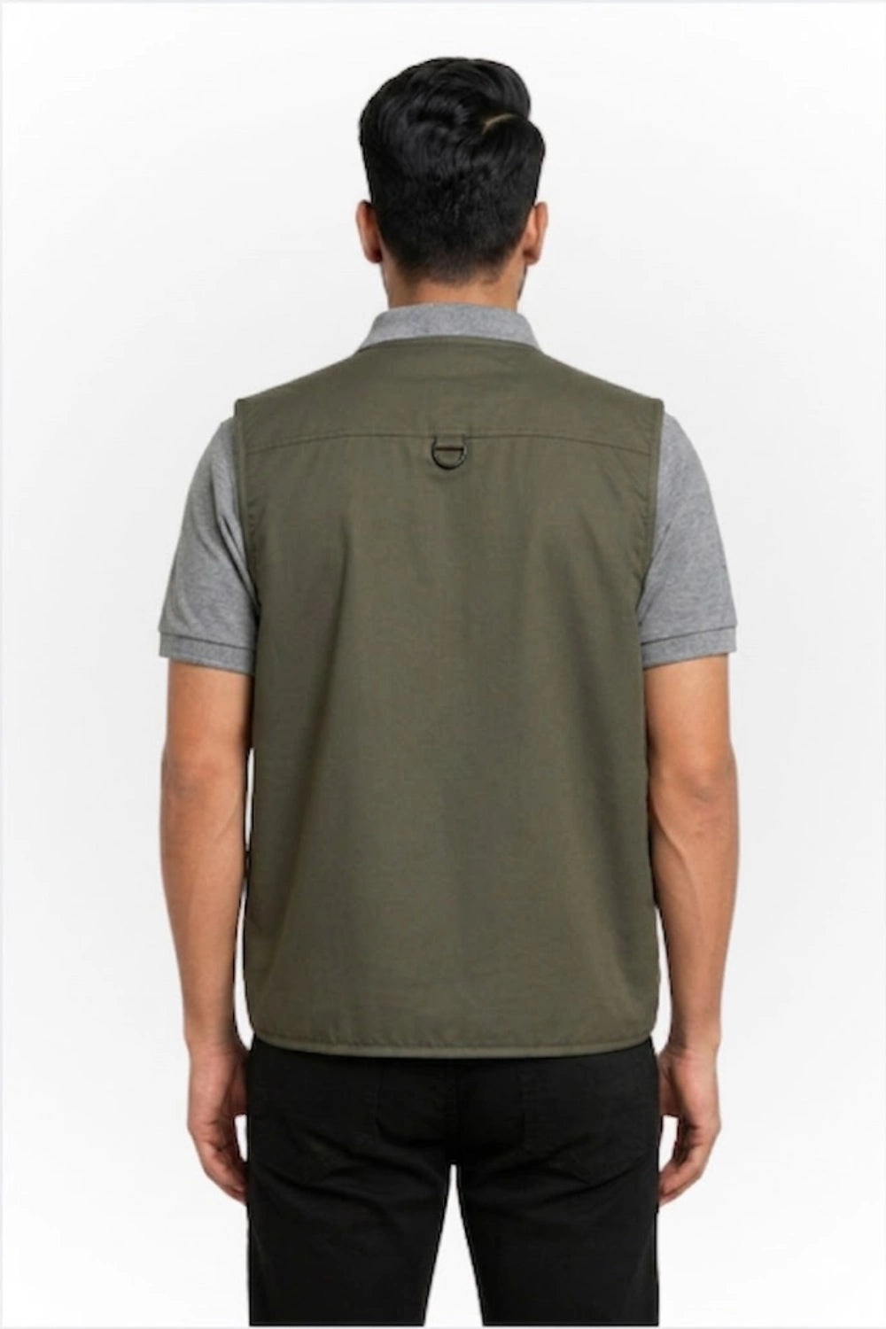 Back view of Langford sleeveless workwear vest in Temporal Olive color