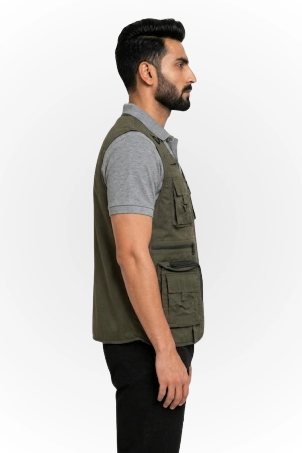 Right side profile of Langford utility work vest with adjustable side fit design
