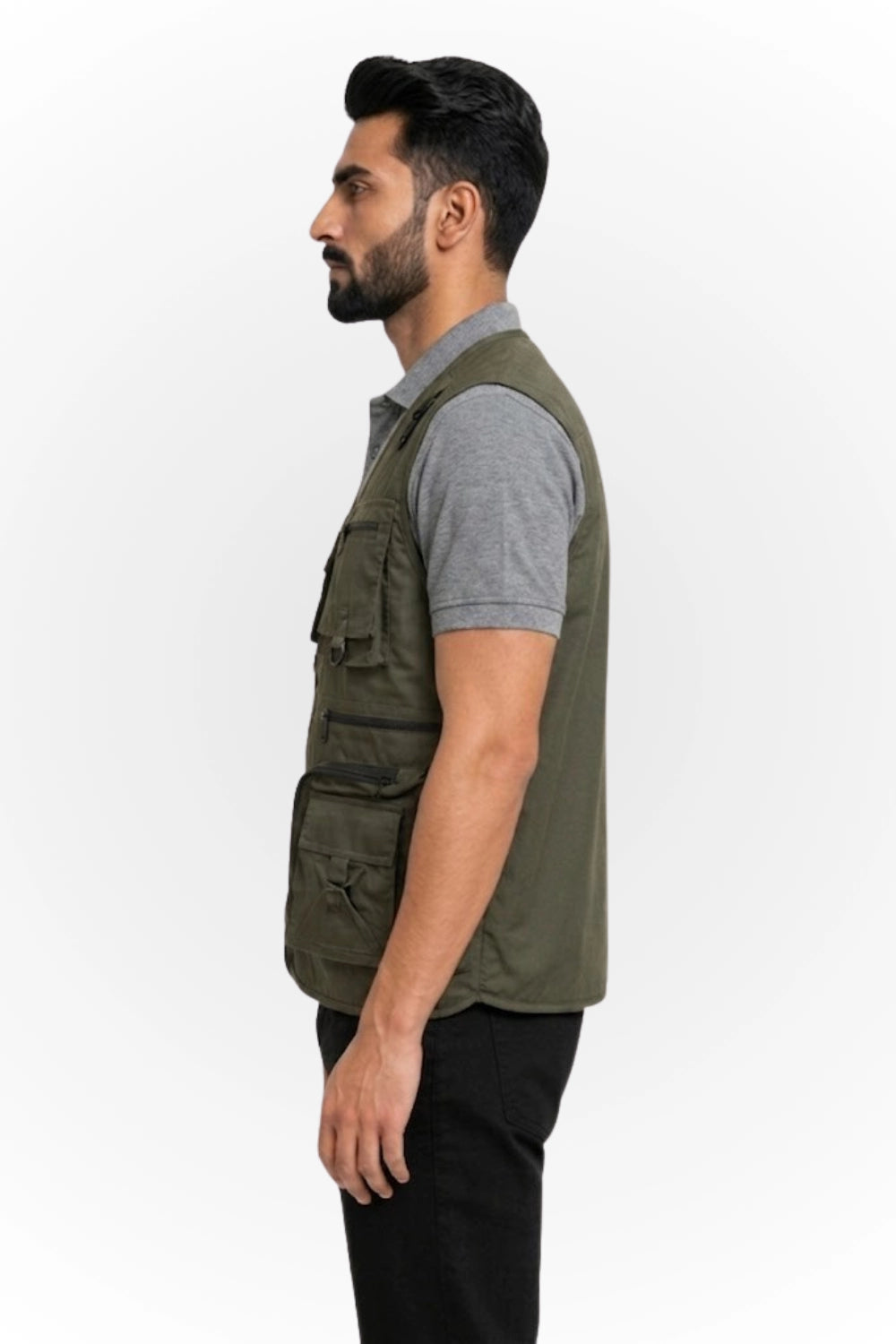 Left side profile of Langford industrial work vest showing utility pocket depth and fit