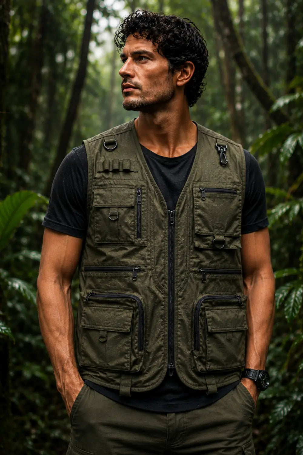 Man wearing an ATACAMA olive green vest in a forest setting