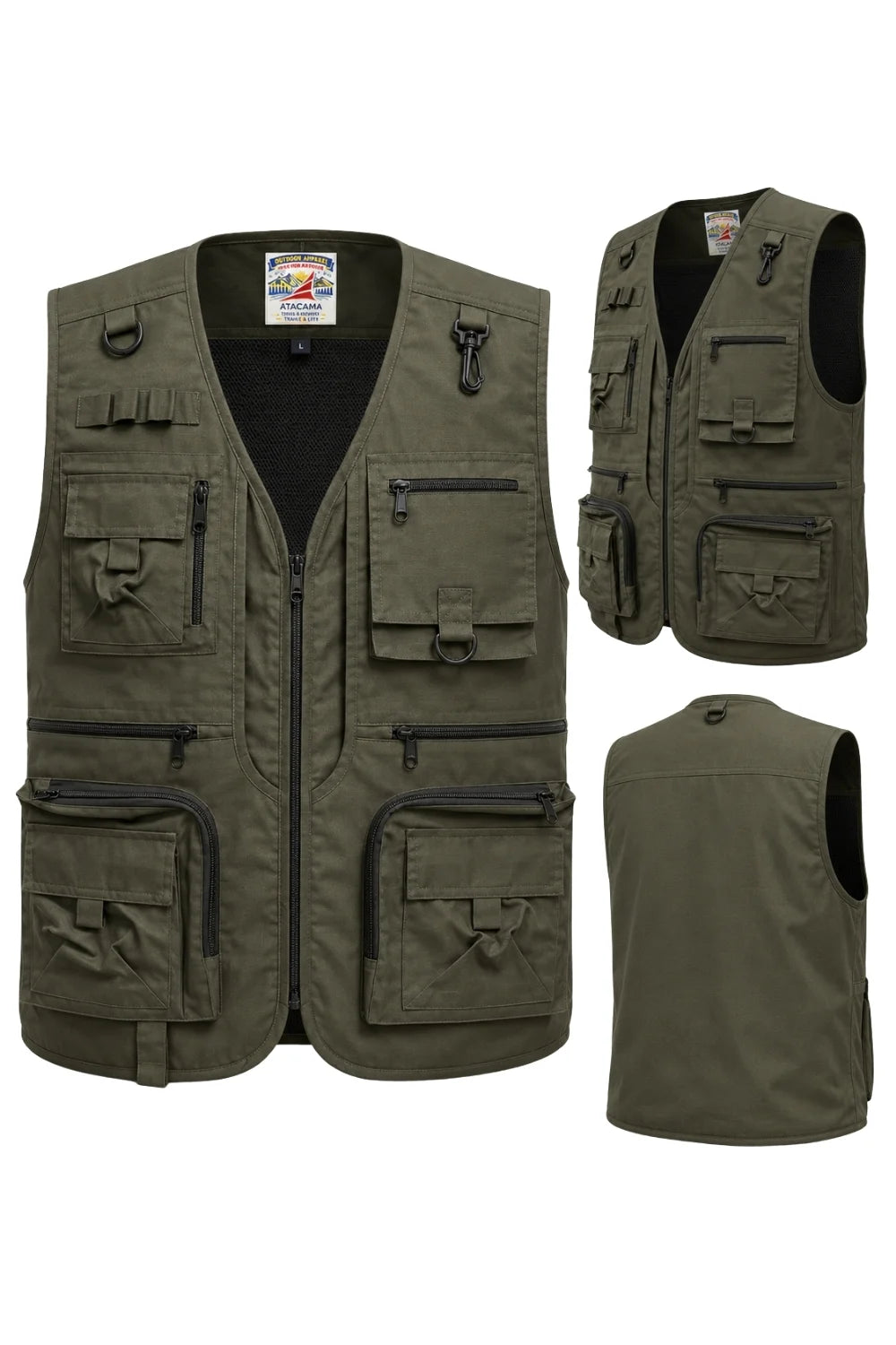 Atacama Olive Green tactical vest with multiple pockets on a white background