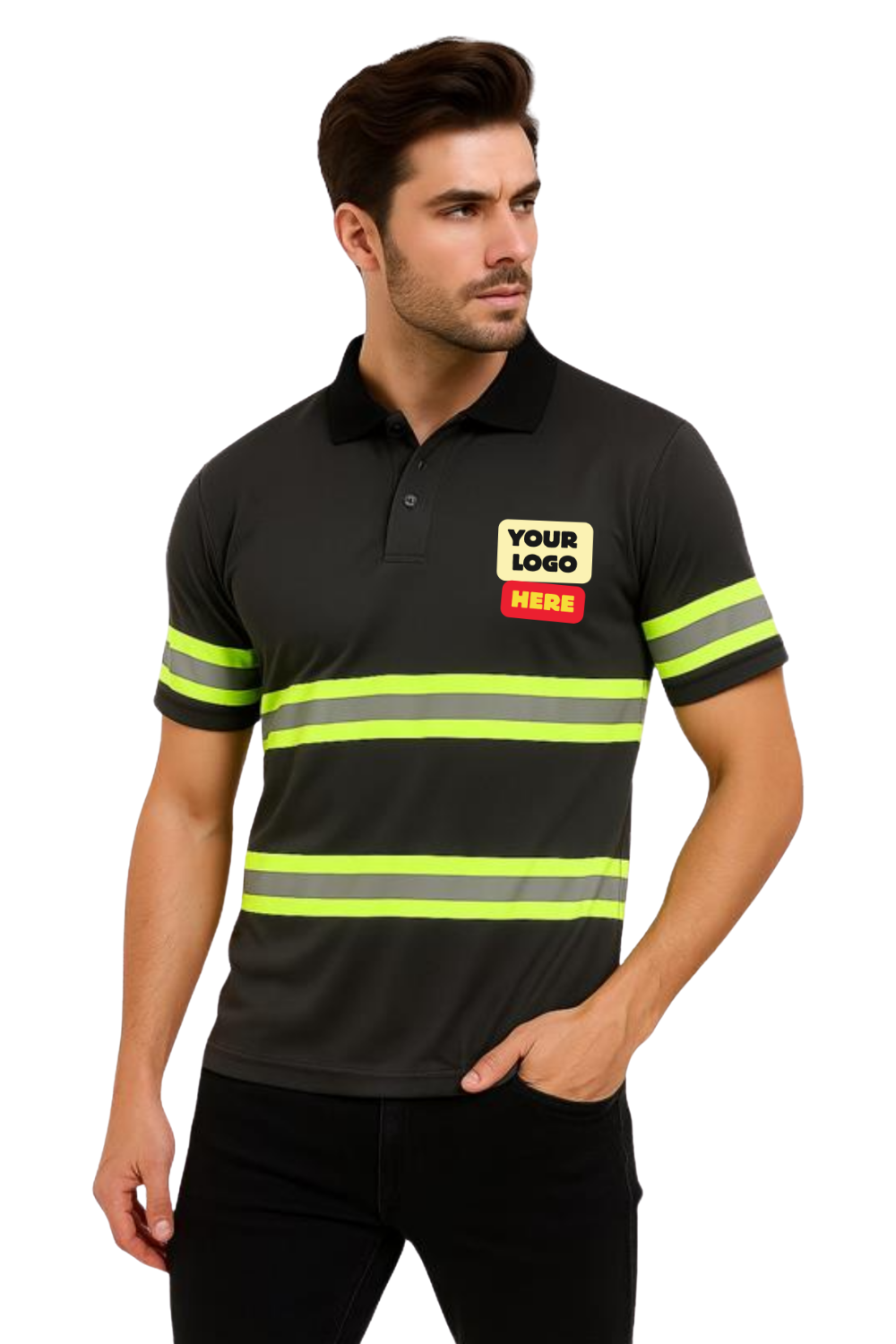Man wearing a black Atacama polo shirt with reflective stripes and a customizable logo area on a white background