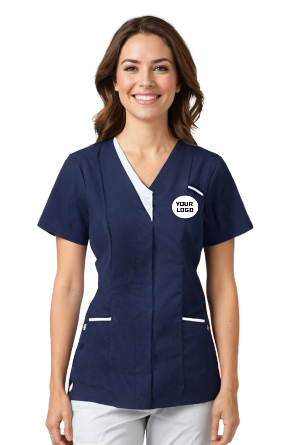 Nurse wearing a navy blue Atacama scrub top with a logo patch on a white background