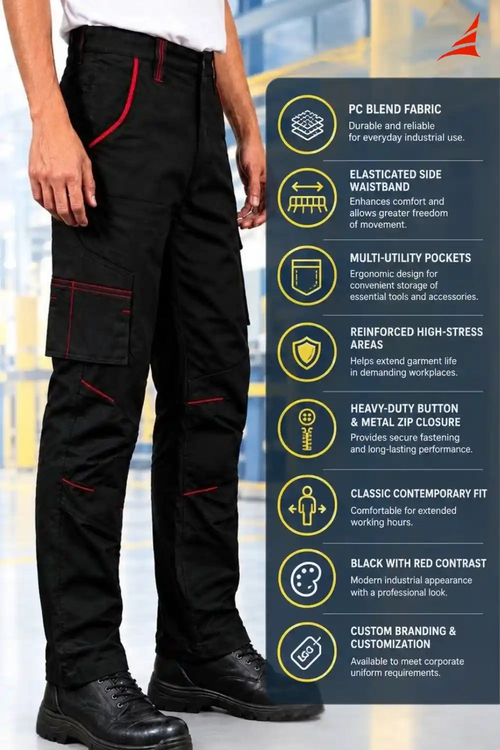 Porto Industrial Work Trousers – Black with Red Detailing | Multi-Pocket Safety Trousers |  PC Blend ATACAMA