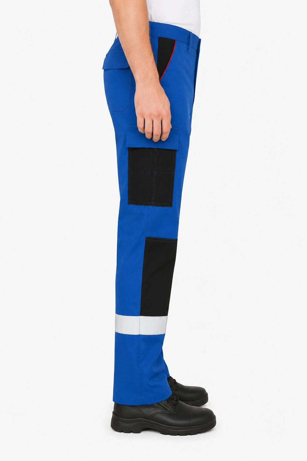 Blue work pants with black patches on a white background