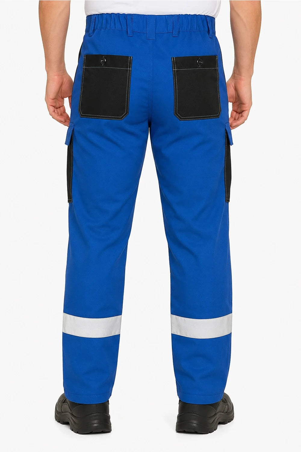 Blue work pants with reflective stripes on a white background