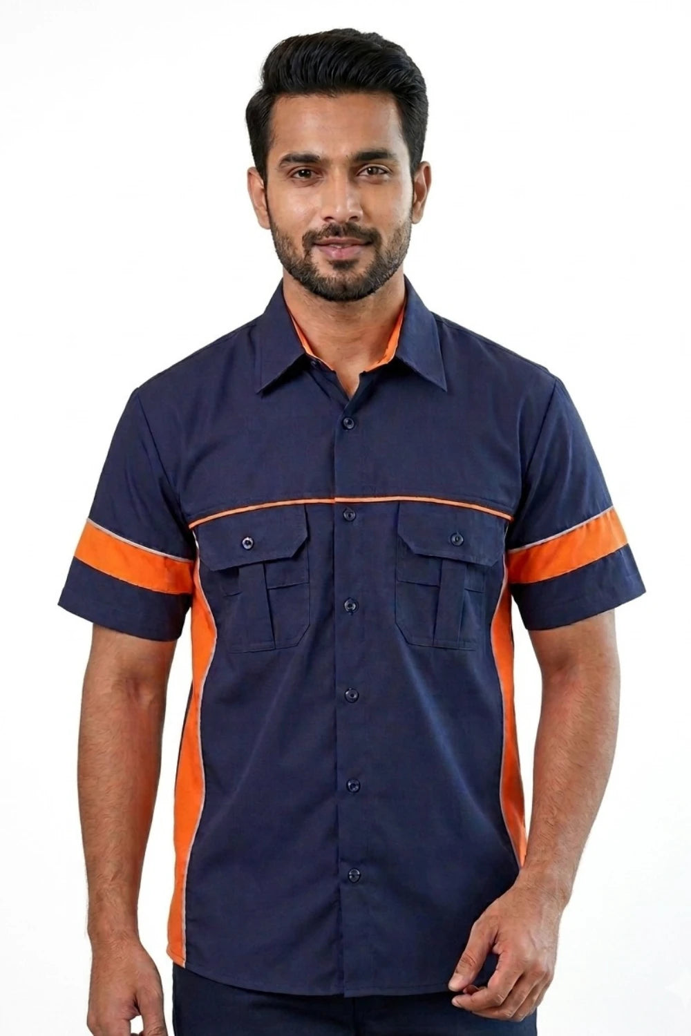 Front view of Rovin poly cotton industrial uniform shirt with dual chest pockets and button closure