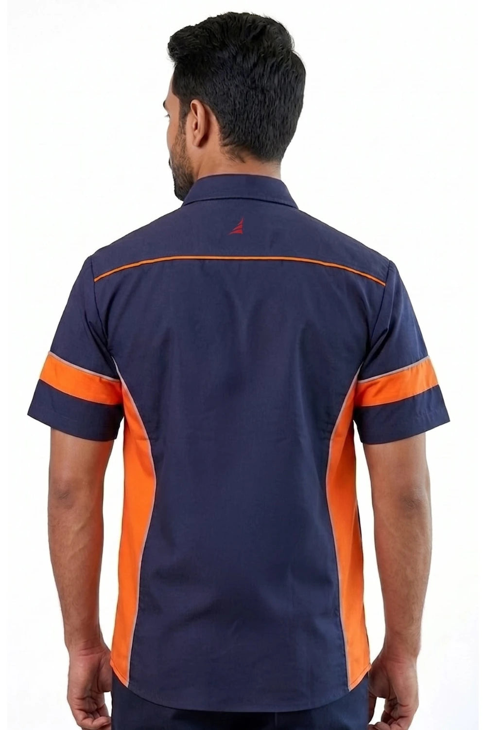 Back view of Rovin navy and orange industrial workwear half sleeve shirt with contrast sleeve detailing